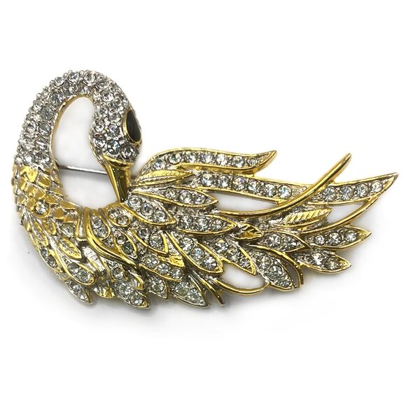 Swan Rhinestone Enamel Brooch Pin Pavé Gold Tone Costume Jewelry Vintage 80s-90s - Picture 1 of 7